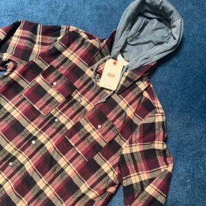 Levi's Plaid Flannel Sherpa Lined Shacket Mens L Hooded Cozy Gorpcore Workwear